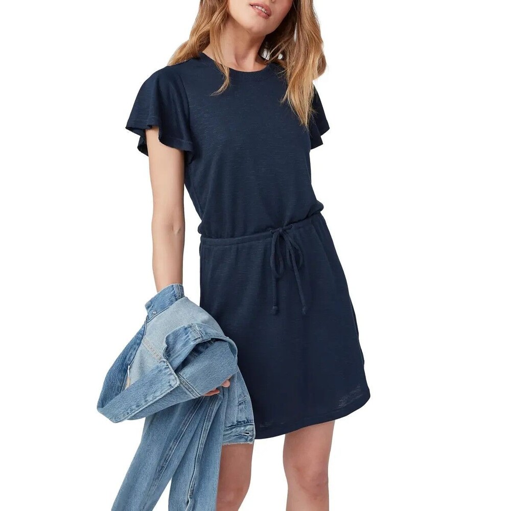 PAIGE Brielle Mini Drawstring Waist T Shirt Dress Flutter Sleeves Blue Large